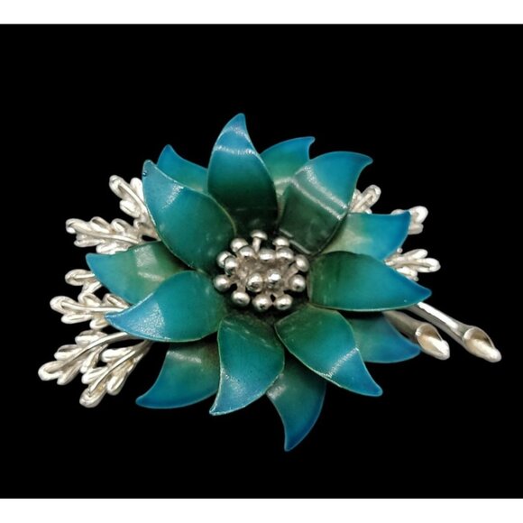 Coro Brooch Blue Enameled & Silver Tone 3D Large Flower Power Pin Vintage - Picture 1 of 15